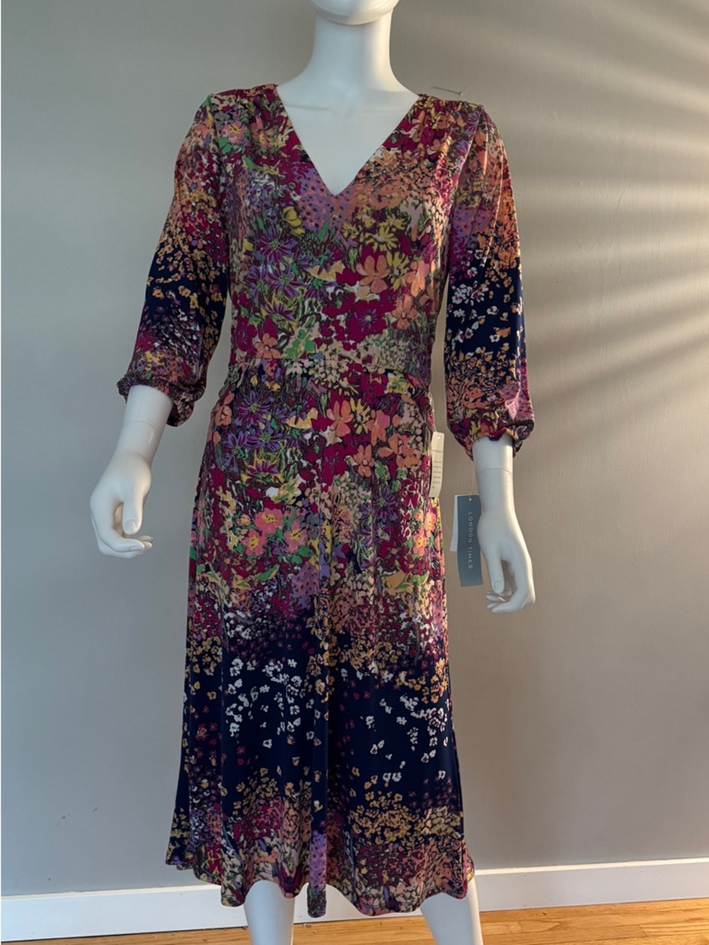 London Times Navy Floral V-Neck Midi Dress with Pink and Green Accents